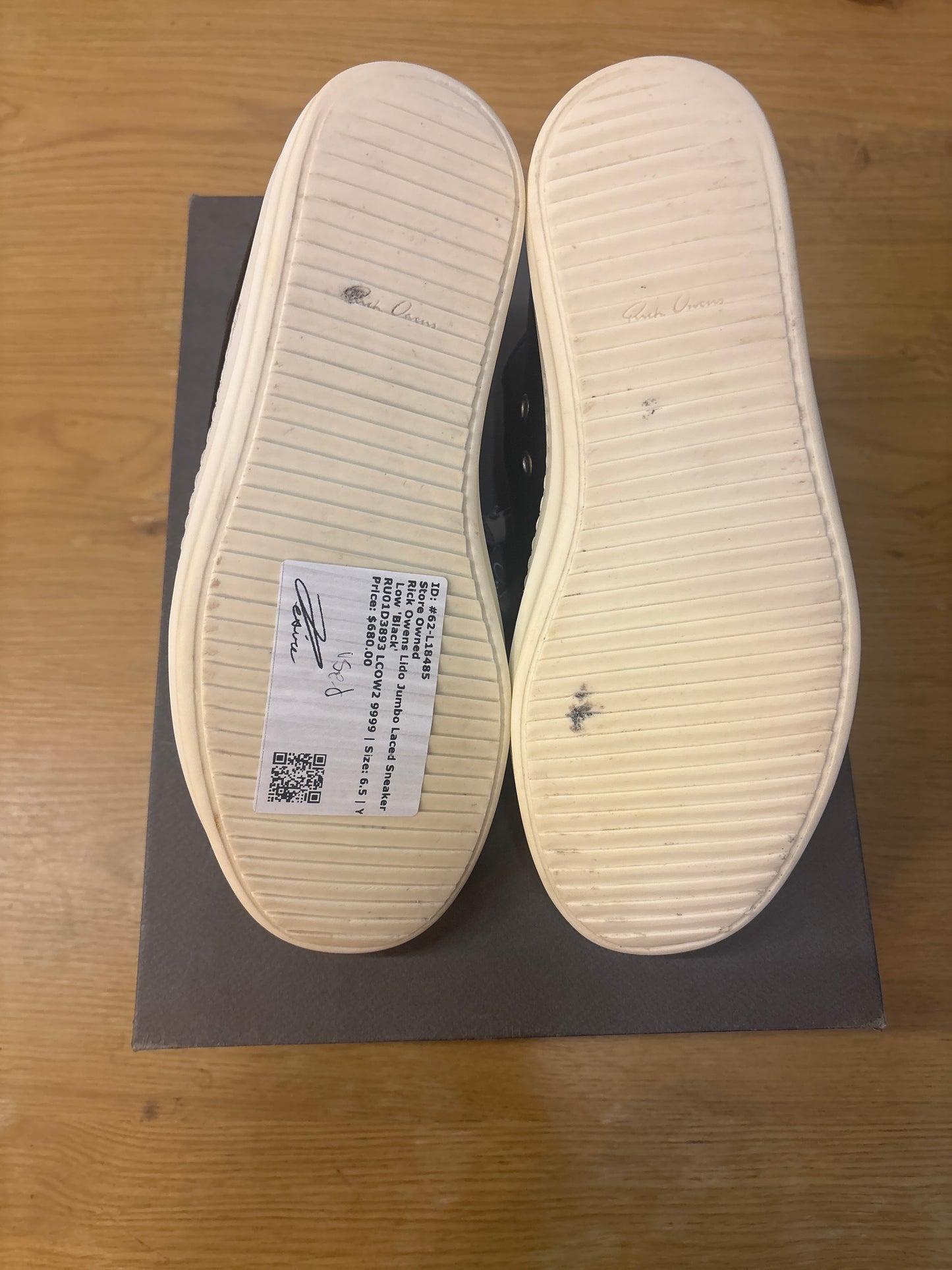RICK OWENS LIDO JUMBO LACED SNEAKER LOW BLACK USED SIZE 6.5