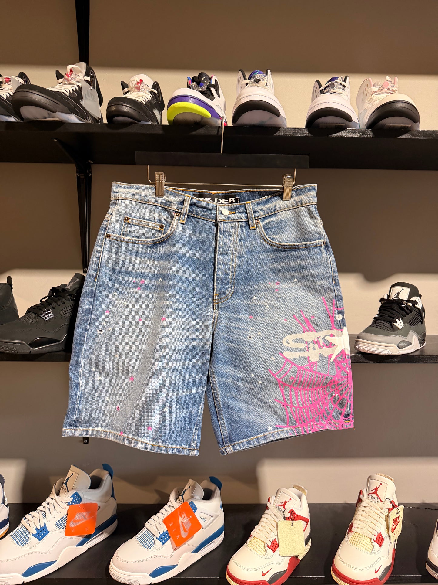 Sp5der Heavy Web Pink Denim Shorts