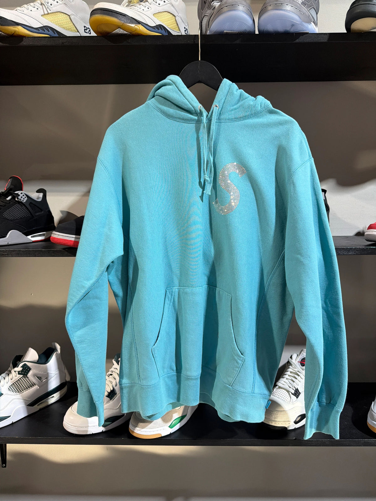 Supreme Teal Big S Rhinestone Hoodie Sz M - Pre-Owned