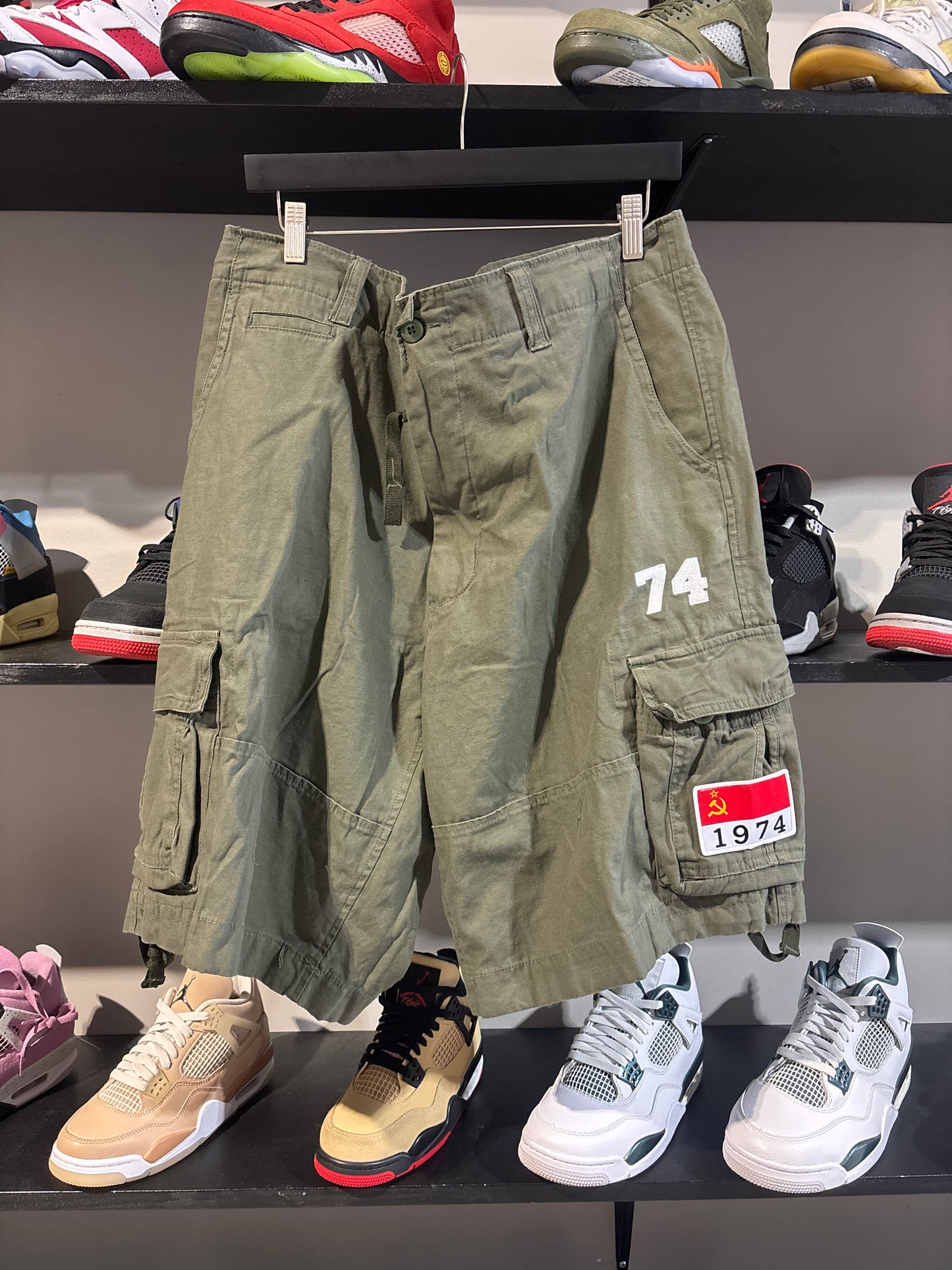 74 Is War Olive Cargo Shorts