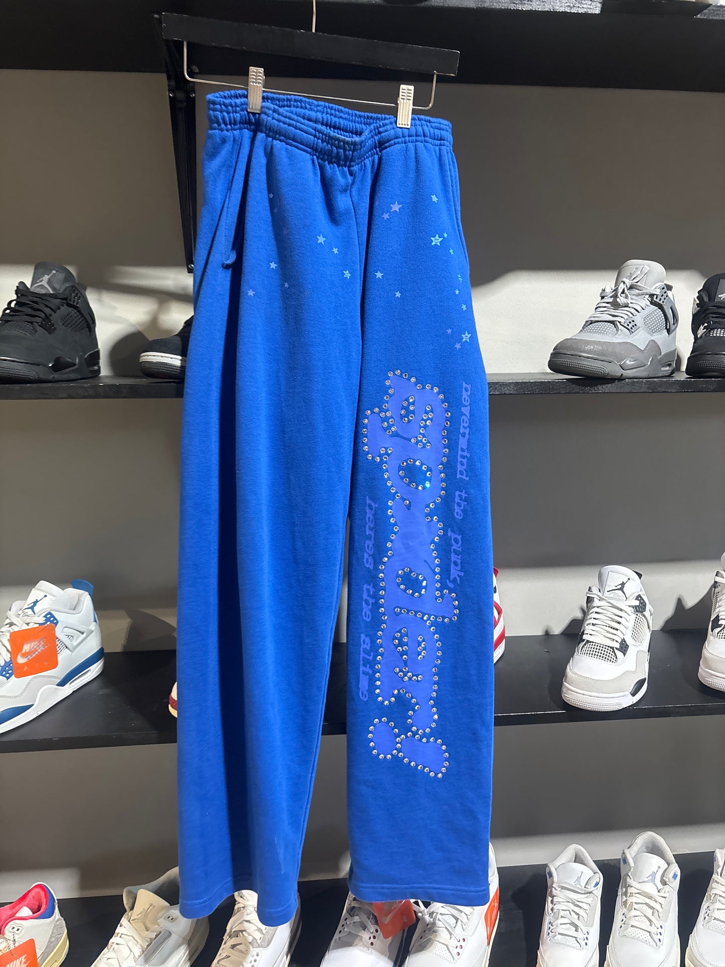Sp5der Blue/Blue Rhinestone Sweats Sz S
