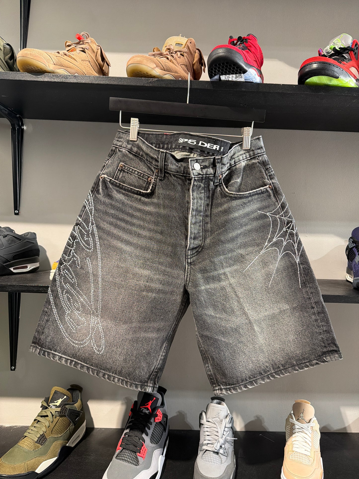 Sp5der Black Rhinestone Jorts