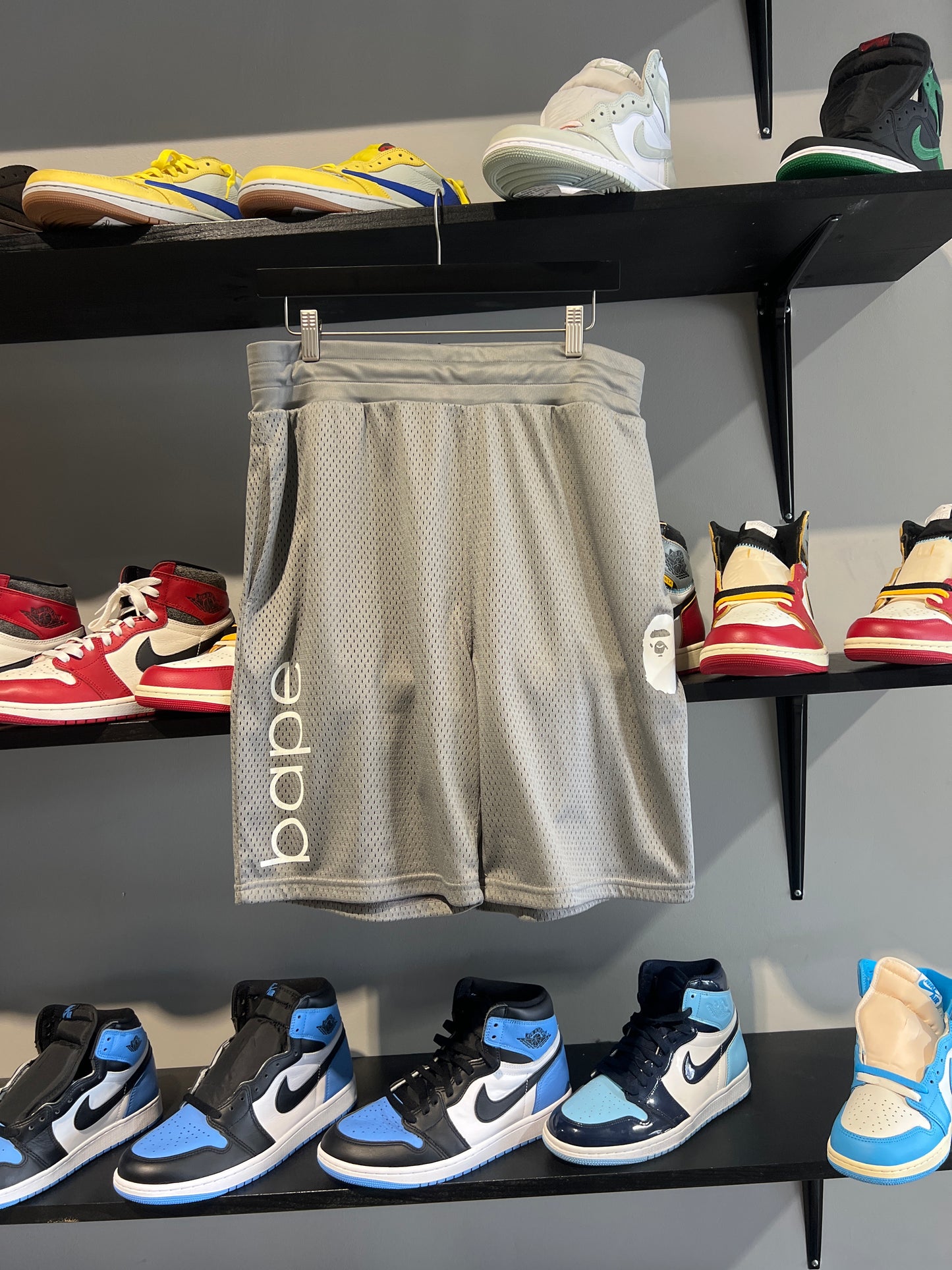 bape grey and white mesh shorts
