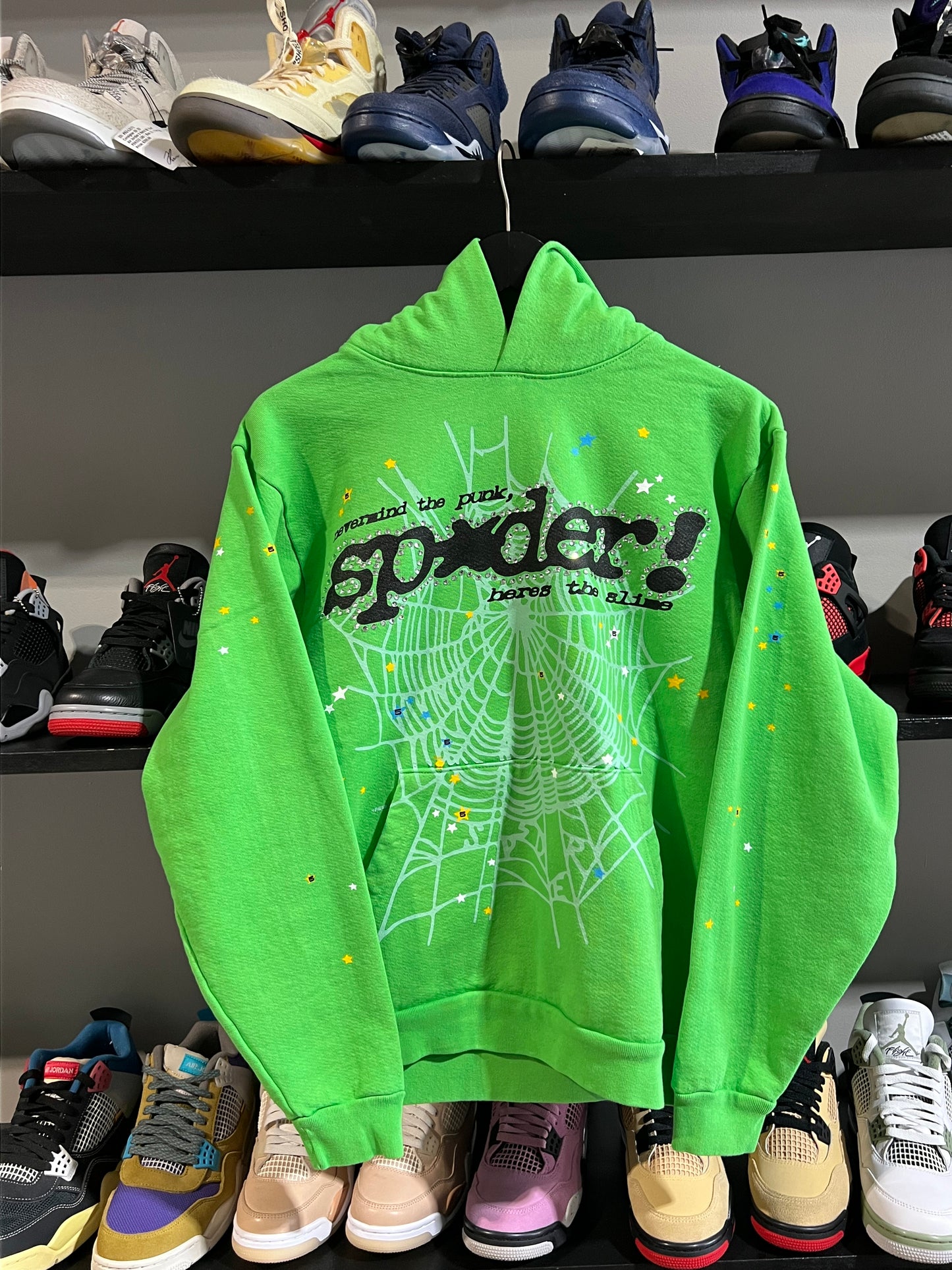 Sp5der Punk v2 green studded hoodie