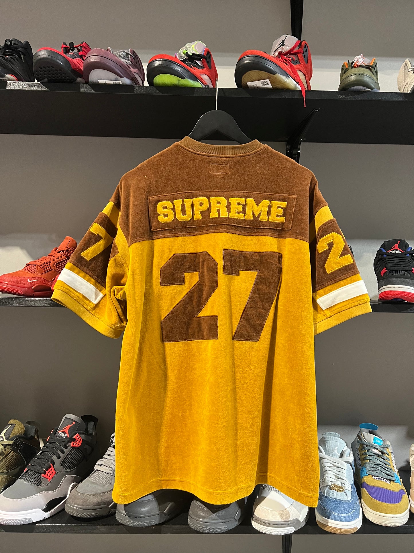 supreme velvet 27 jersey brown yellow