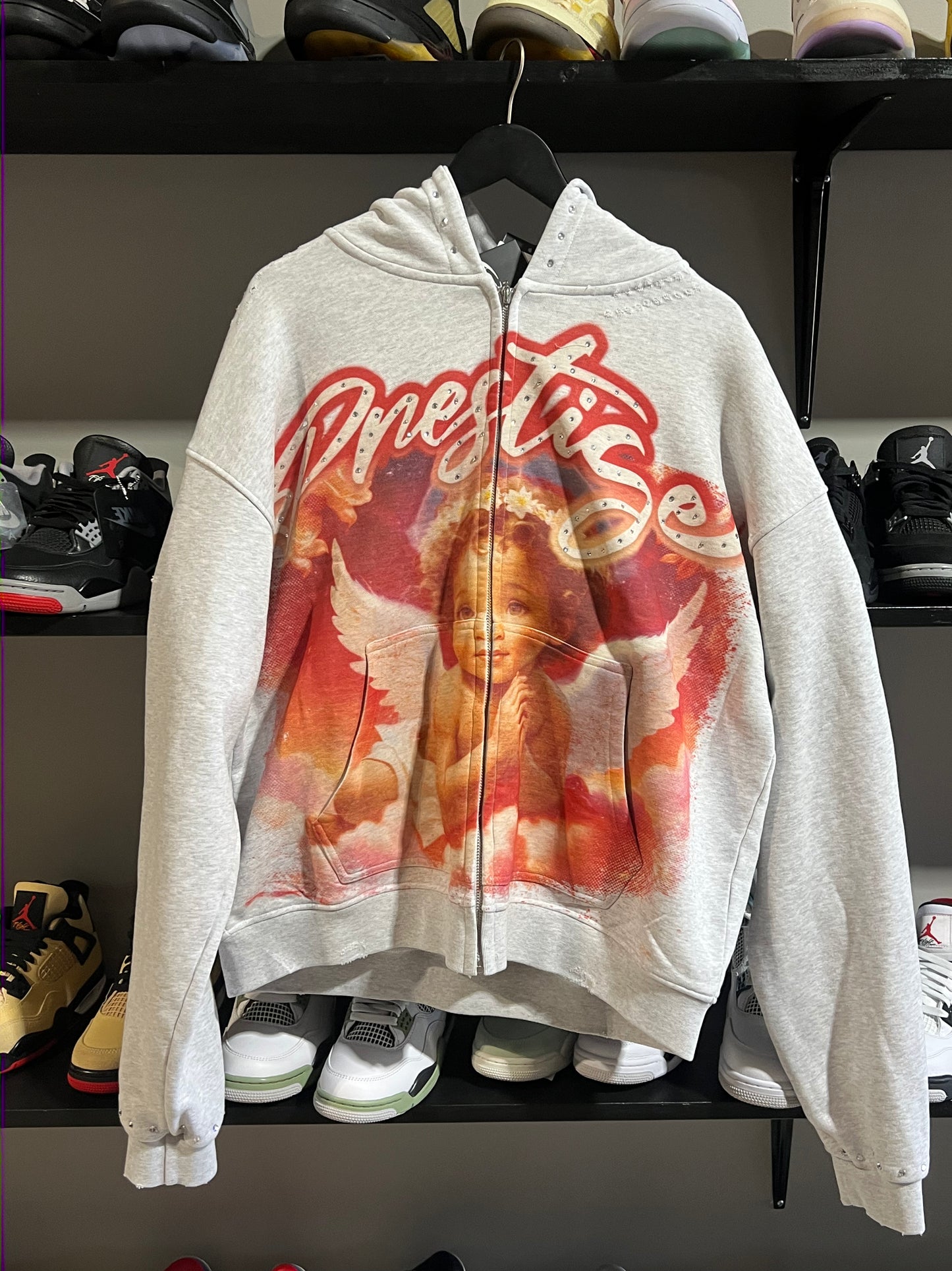 prestige grey angel rhinestone zip up