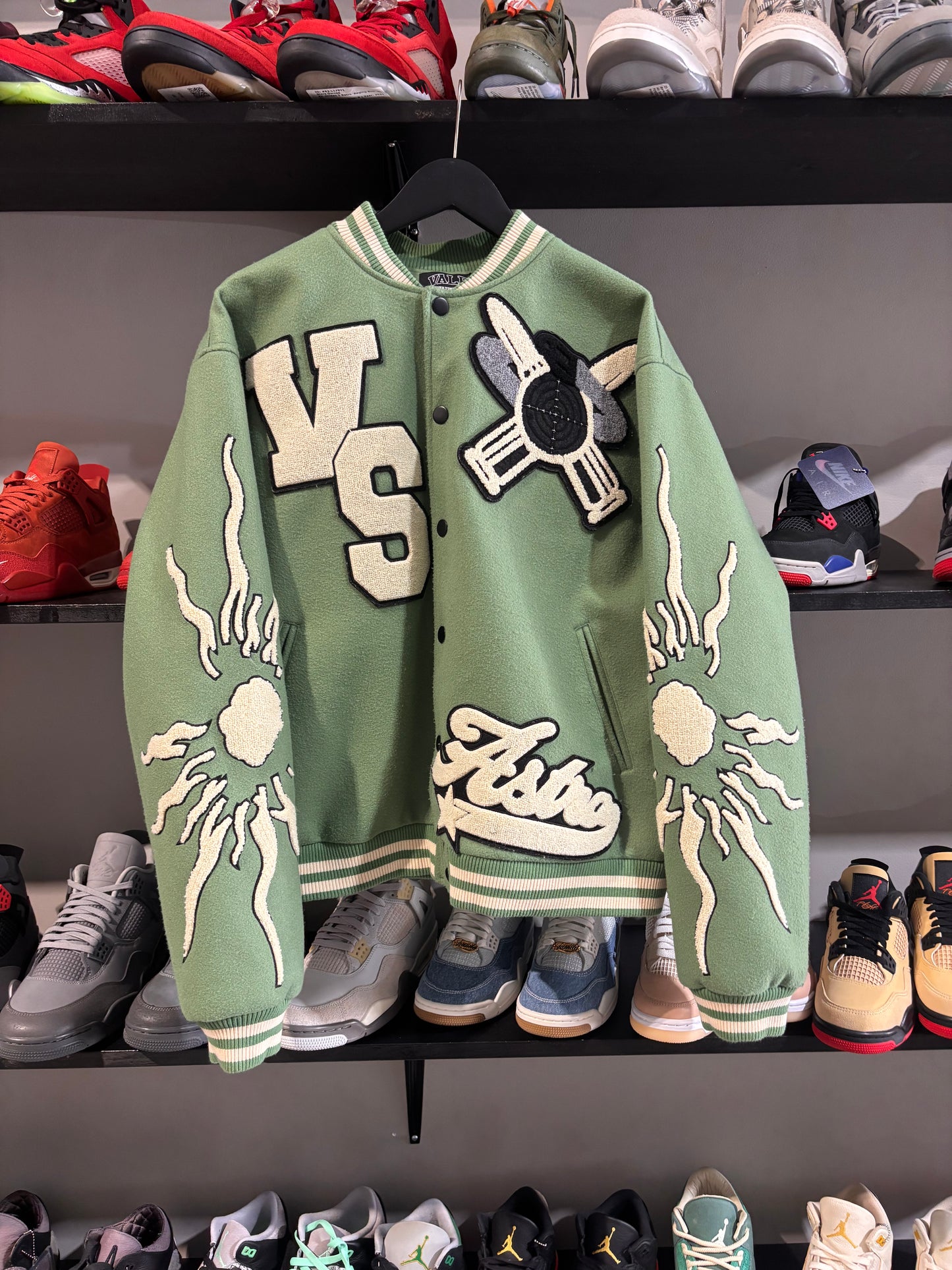 vale lives green apple varsity jacket