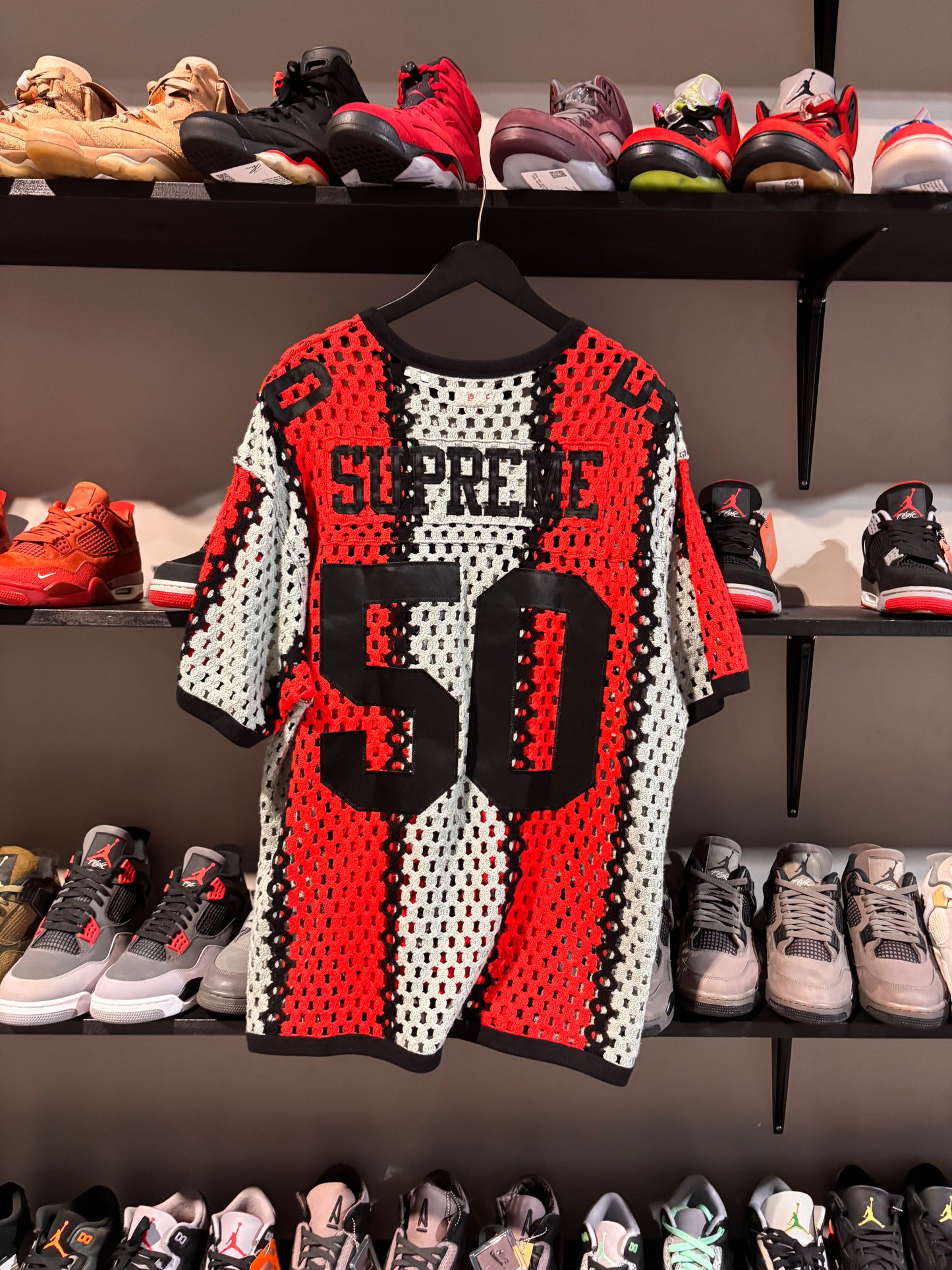 supreme crochet football jersey red grey black