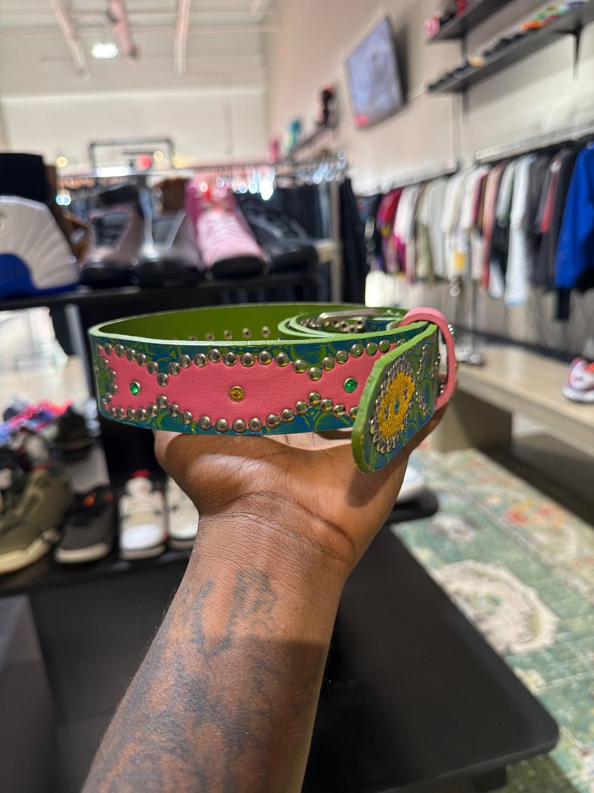 HOTW Green Croc/Pink Studded Belt