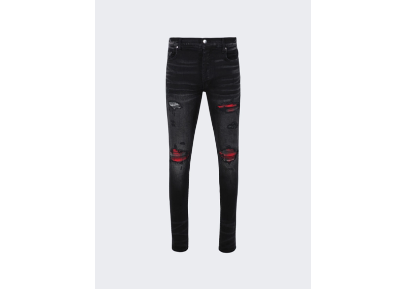 amiri jeans black red flannel patches