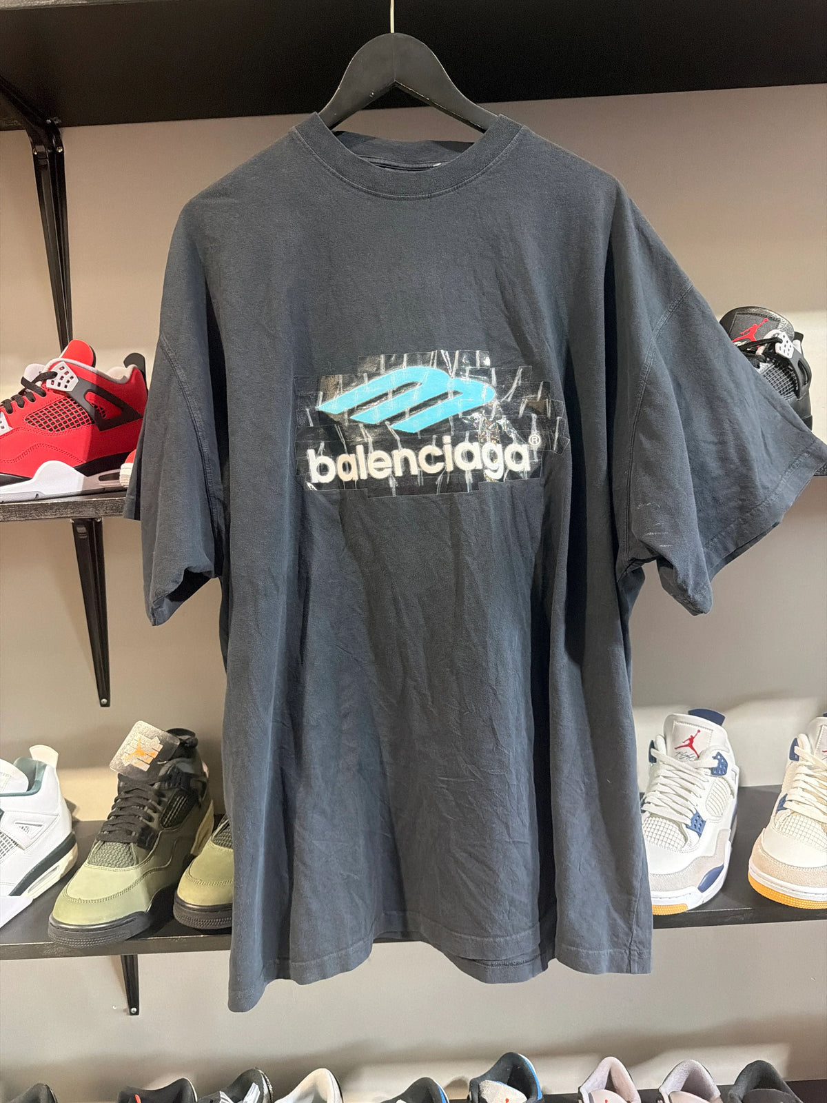 Balenciaga Big Logo Tape Tee Black/Blue Szxl - Pre-Owned