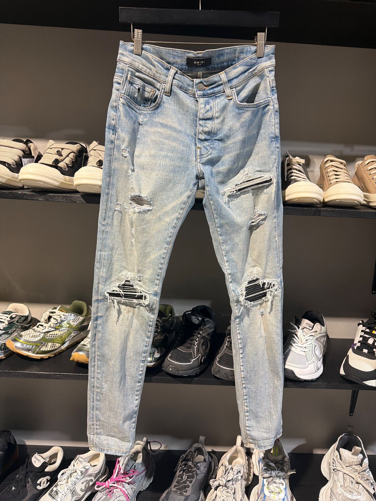 Amiri Mx1 Black Patch Light Wash Jeans