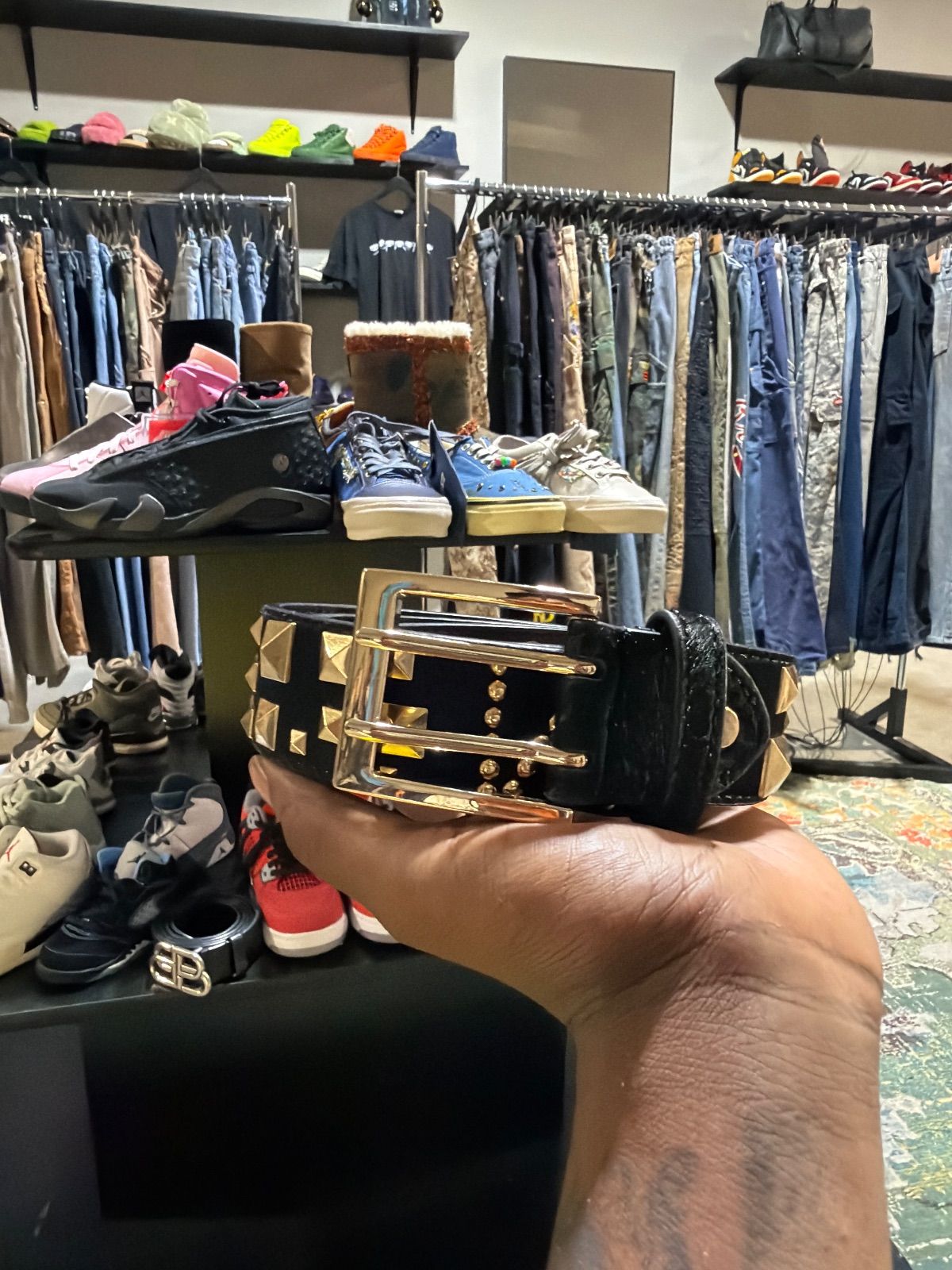 4AM Black Fur Studded Belt