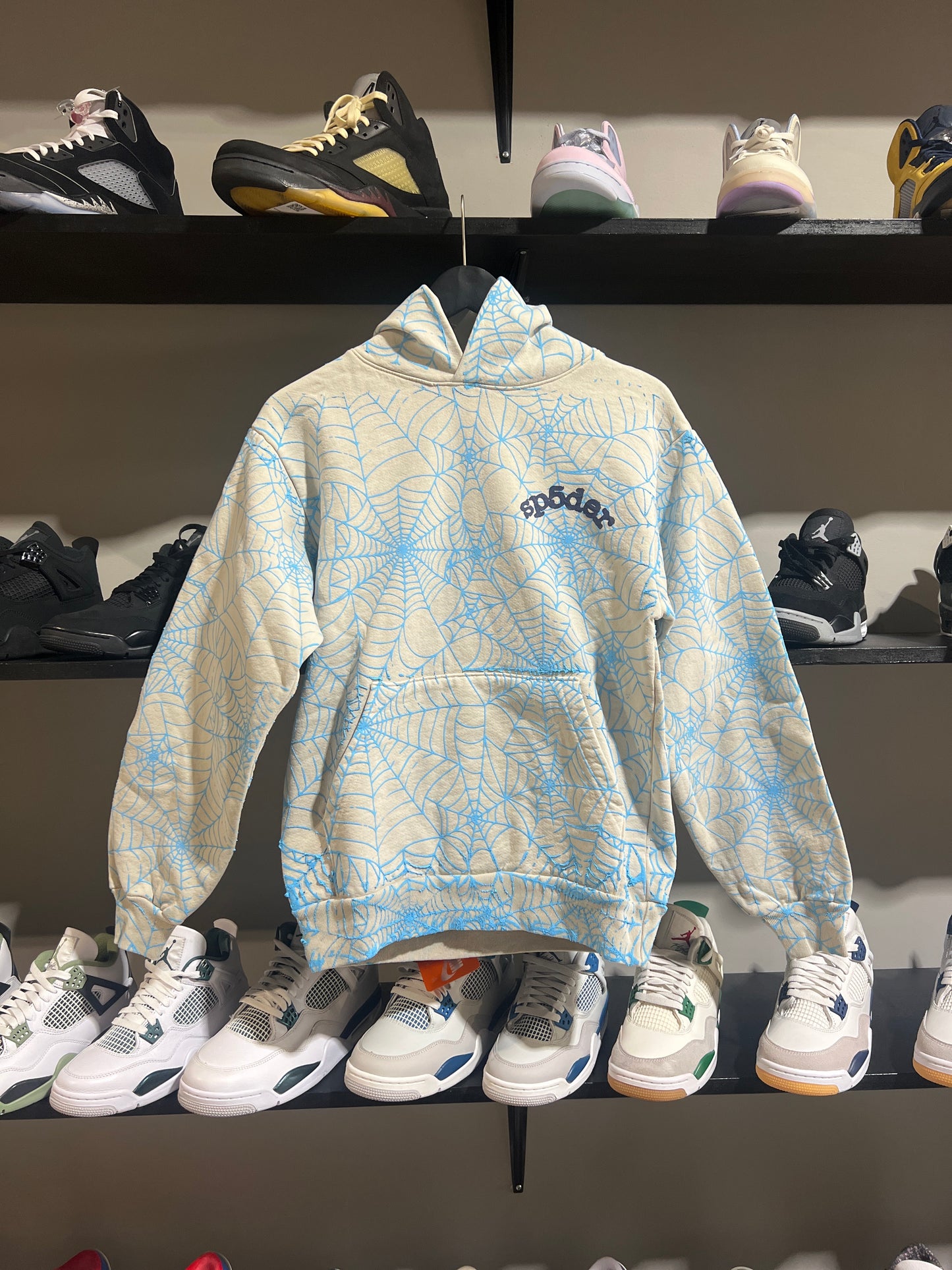 Sp5der blue grey aop web hoodie