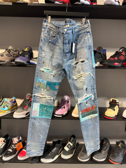 Amiri Light Wash Floral Patches Sz 38