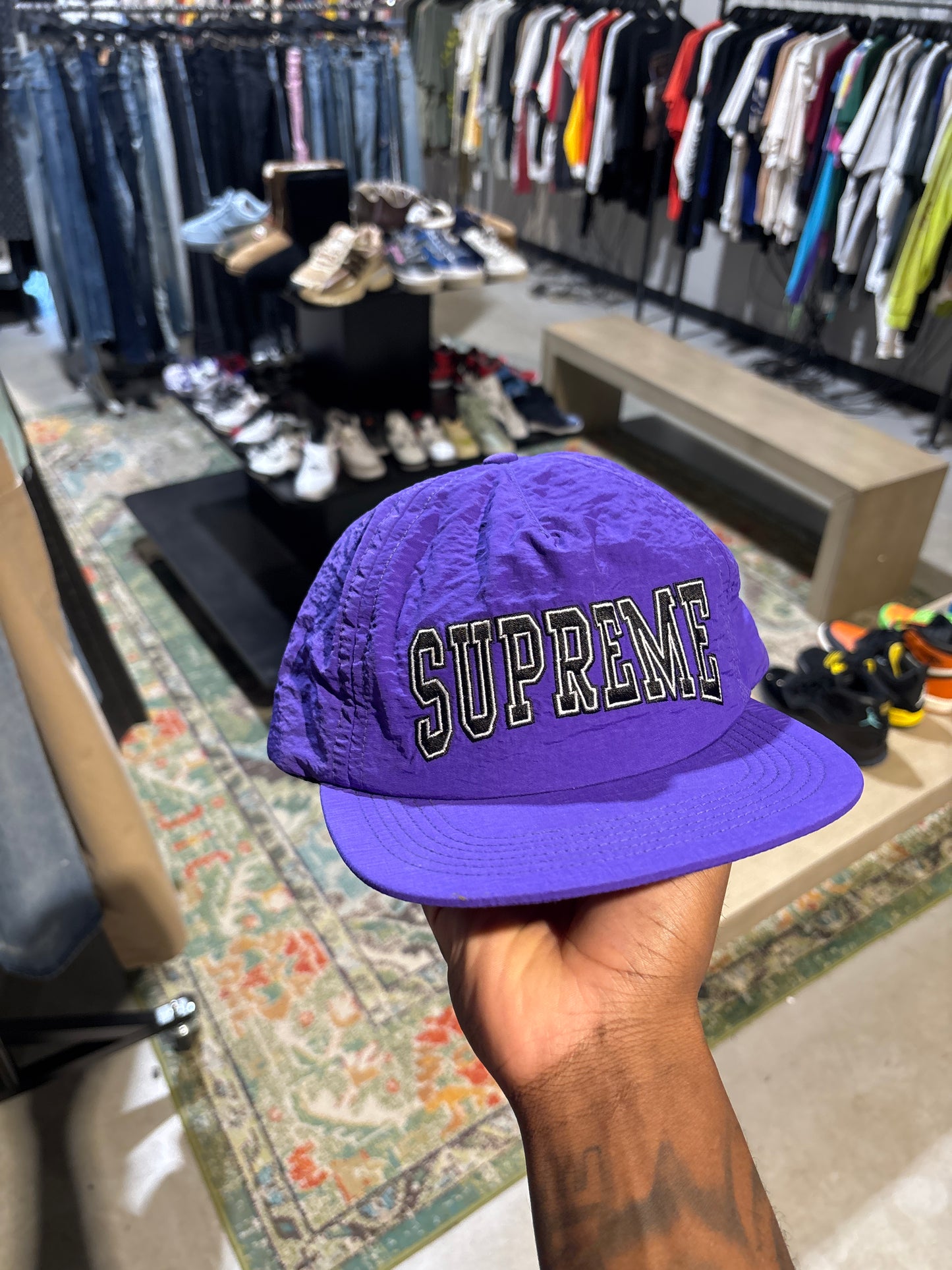Supreme Black/Purple Spellout Nylon Hat