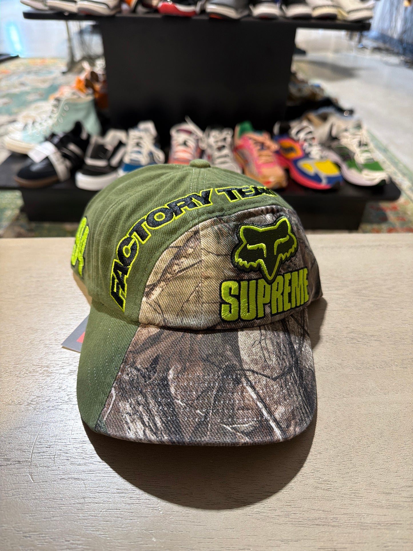 Fox x supreme camo and neon hat