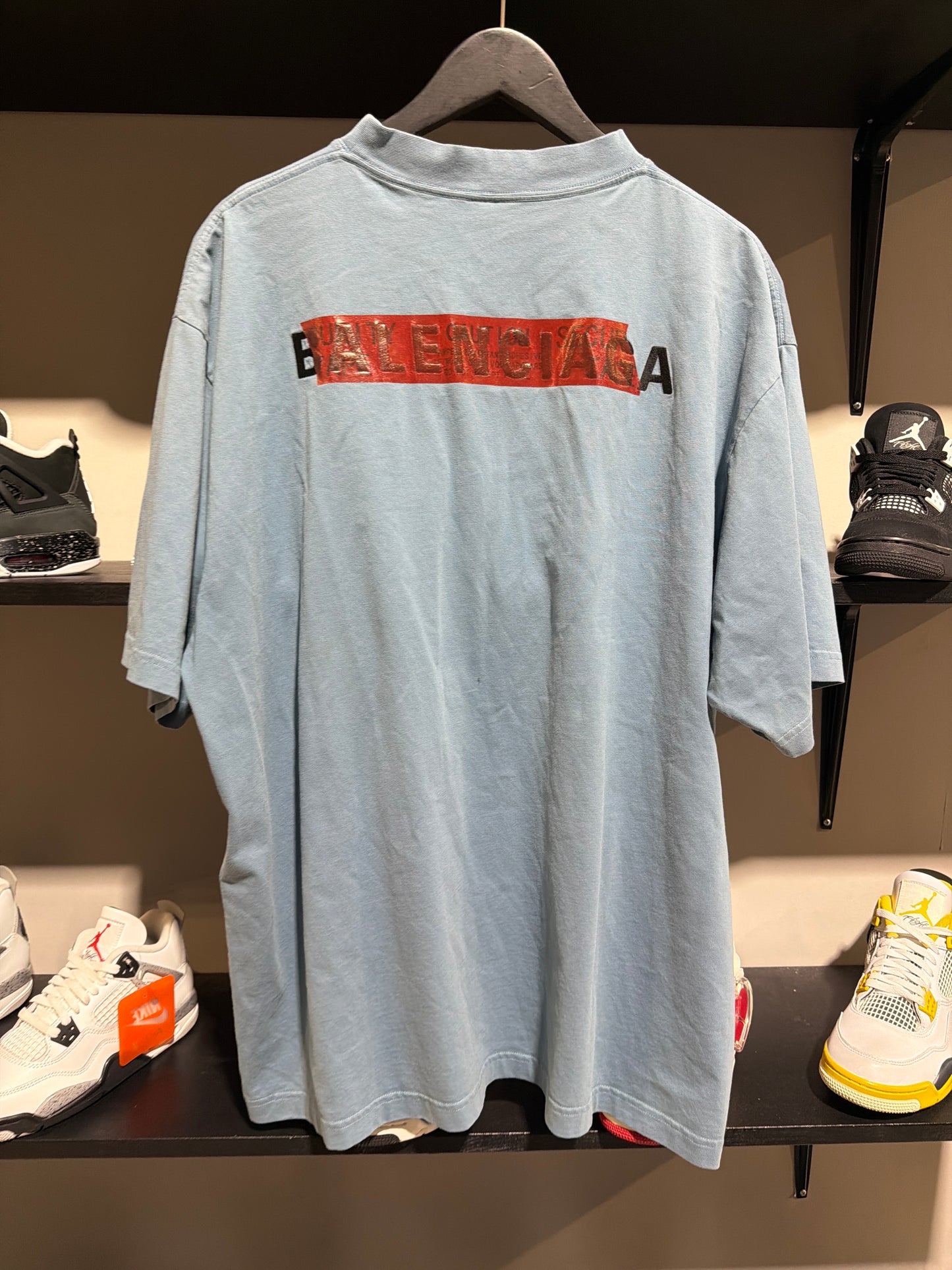 Balenciaga Red Caution Tape Blue Tee Sz L