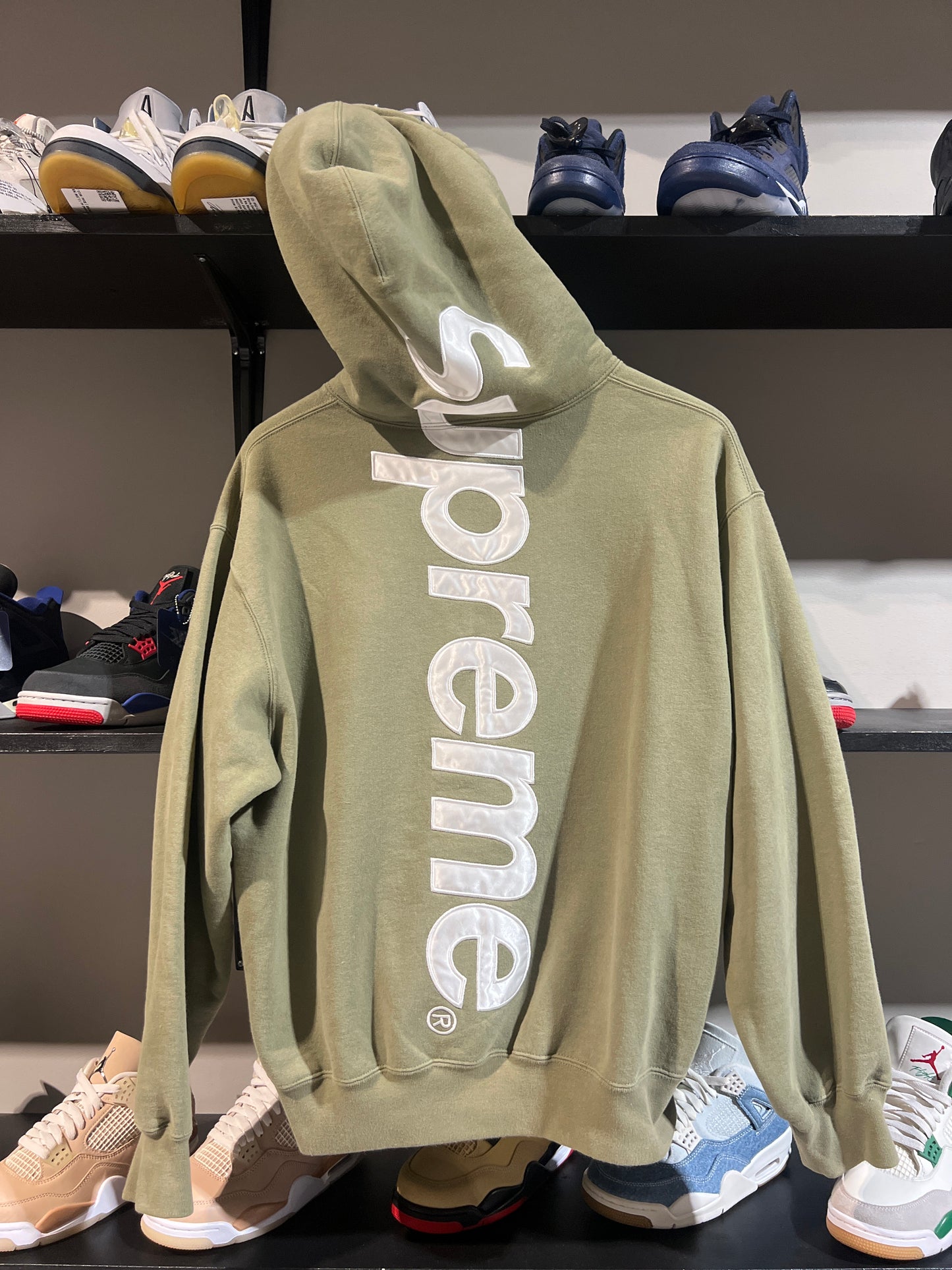 SUPREME SATIN APPLIQUE HOODED SWEATSHIRT OLIVE