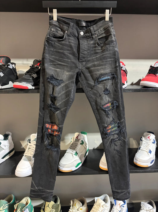 Amiri Multi Color Paneled Black Distressed Jeans - Pre-Owned