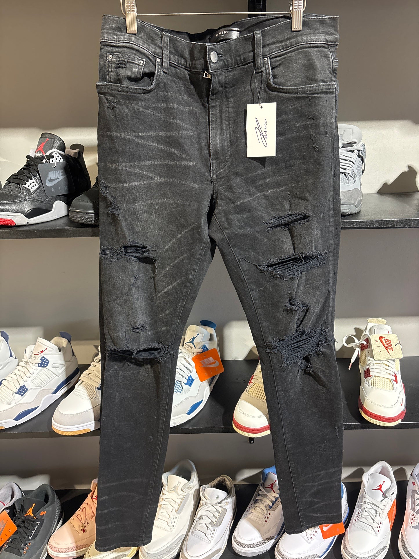 Amiri Black Waxed Distressed Denim Sz 36