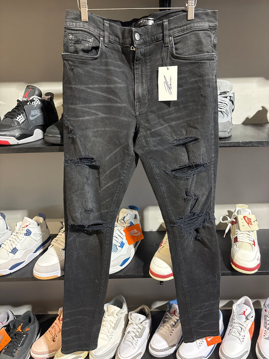Amiri Black Waxed Distressed Denim Sz 36