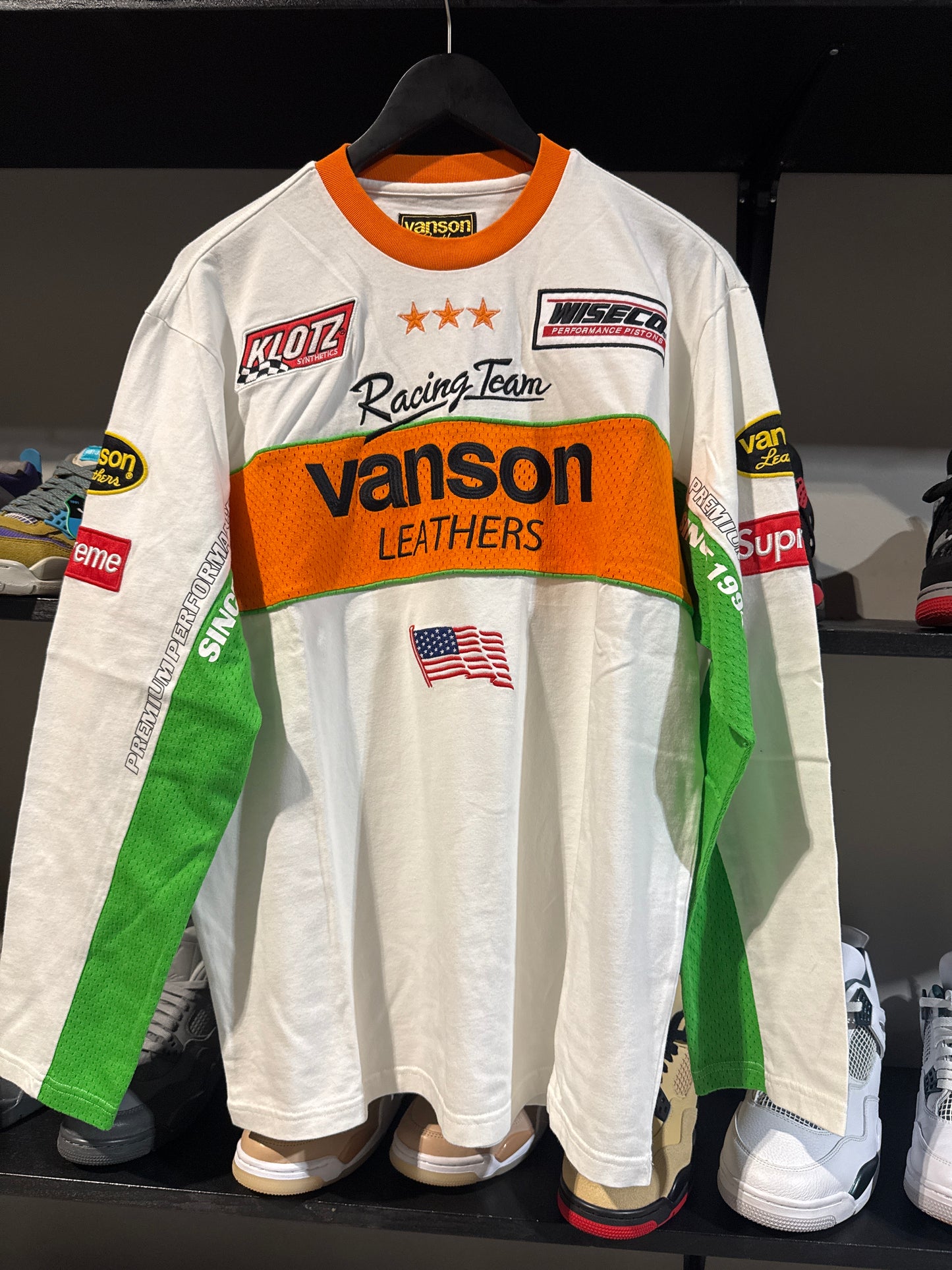 Supreme Vanson Leathers LS White/Orange/Green Tee