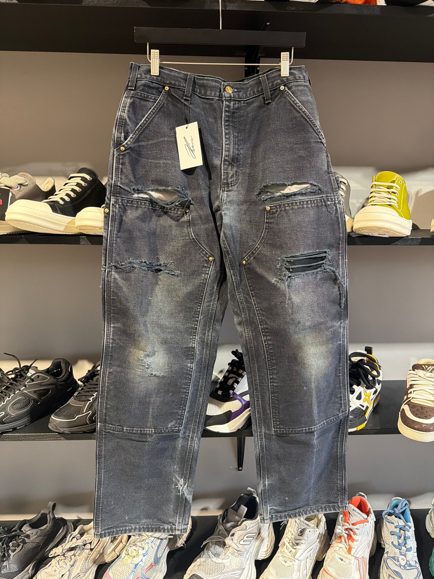 Vintage Black Carhartt Distressed Double Knees Sz 34