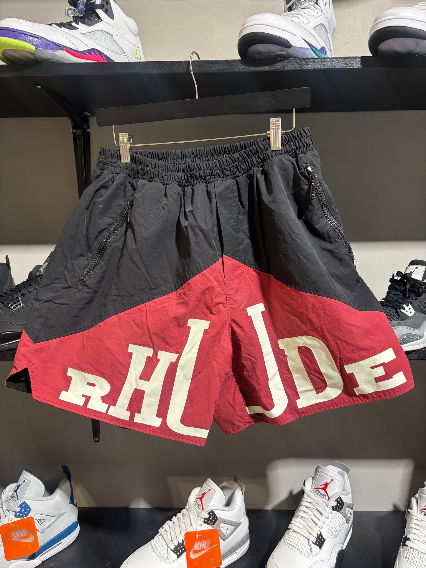 Rhude Nylon Spellout Shorts Black/Red Sz XL