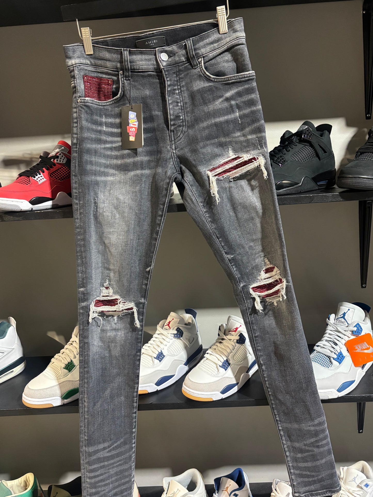 Amiri MX1 Black/Red Spark Patches Jeans Sz 29