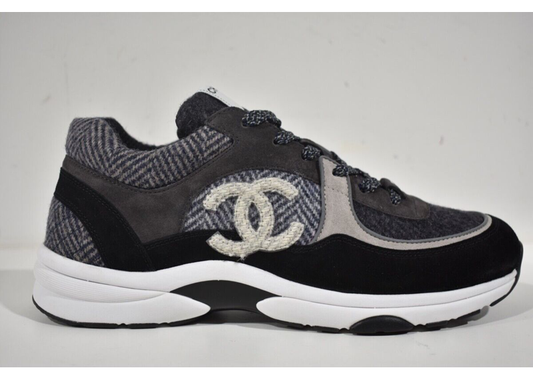 grey black quilt Chanel sneakers