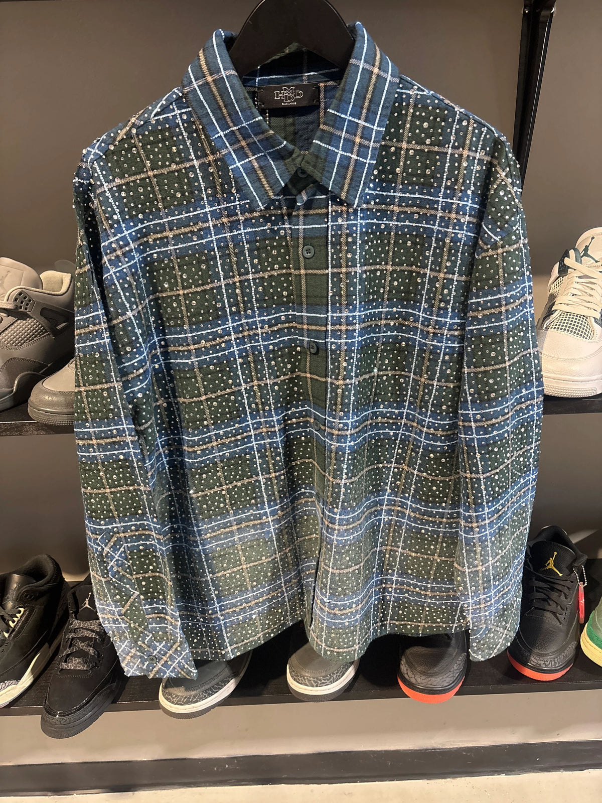 Hmdd All Over Rhinestone Flannel Green/Blue