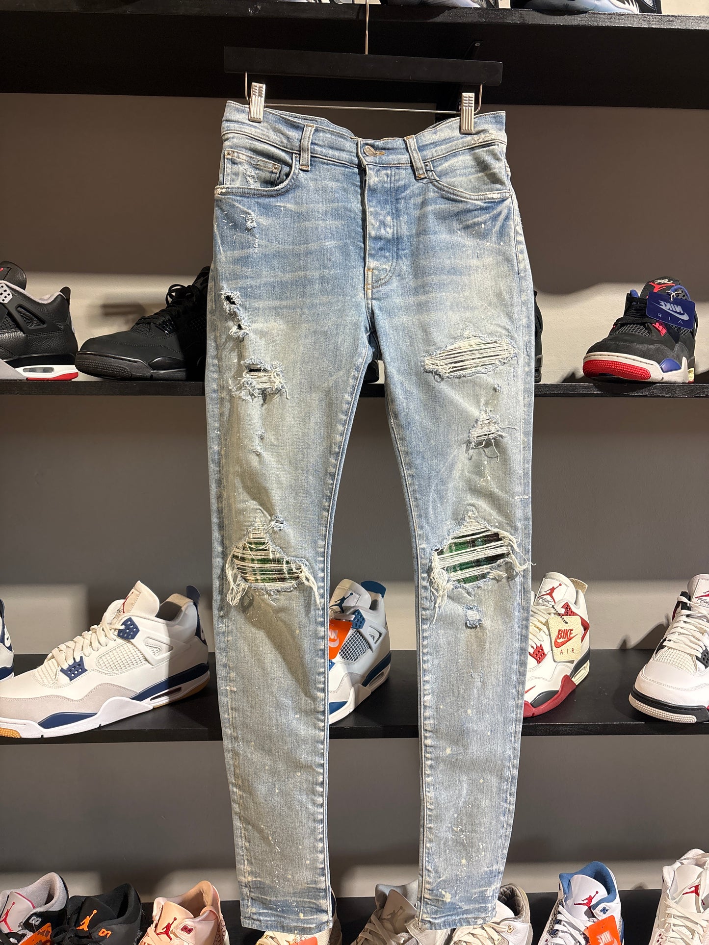 Amiri MX1 Light Wash / Green Flannel Jeans Sz 31