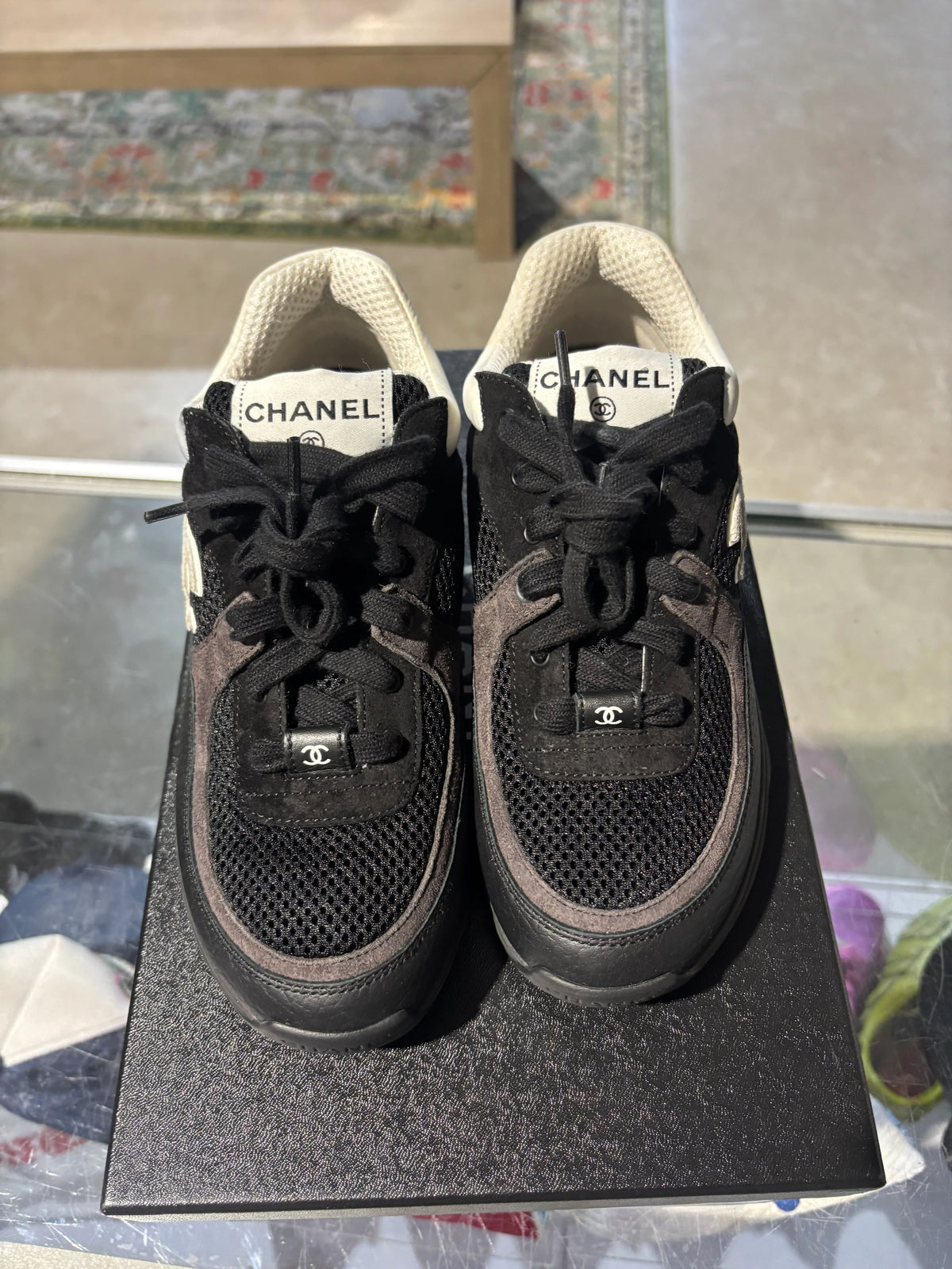 Chanel Trainer Sneakers Black/White Used Sz 4 - Pre-Owned
