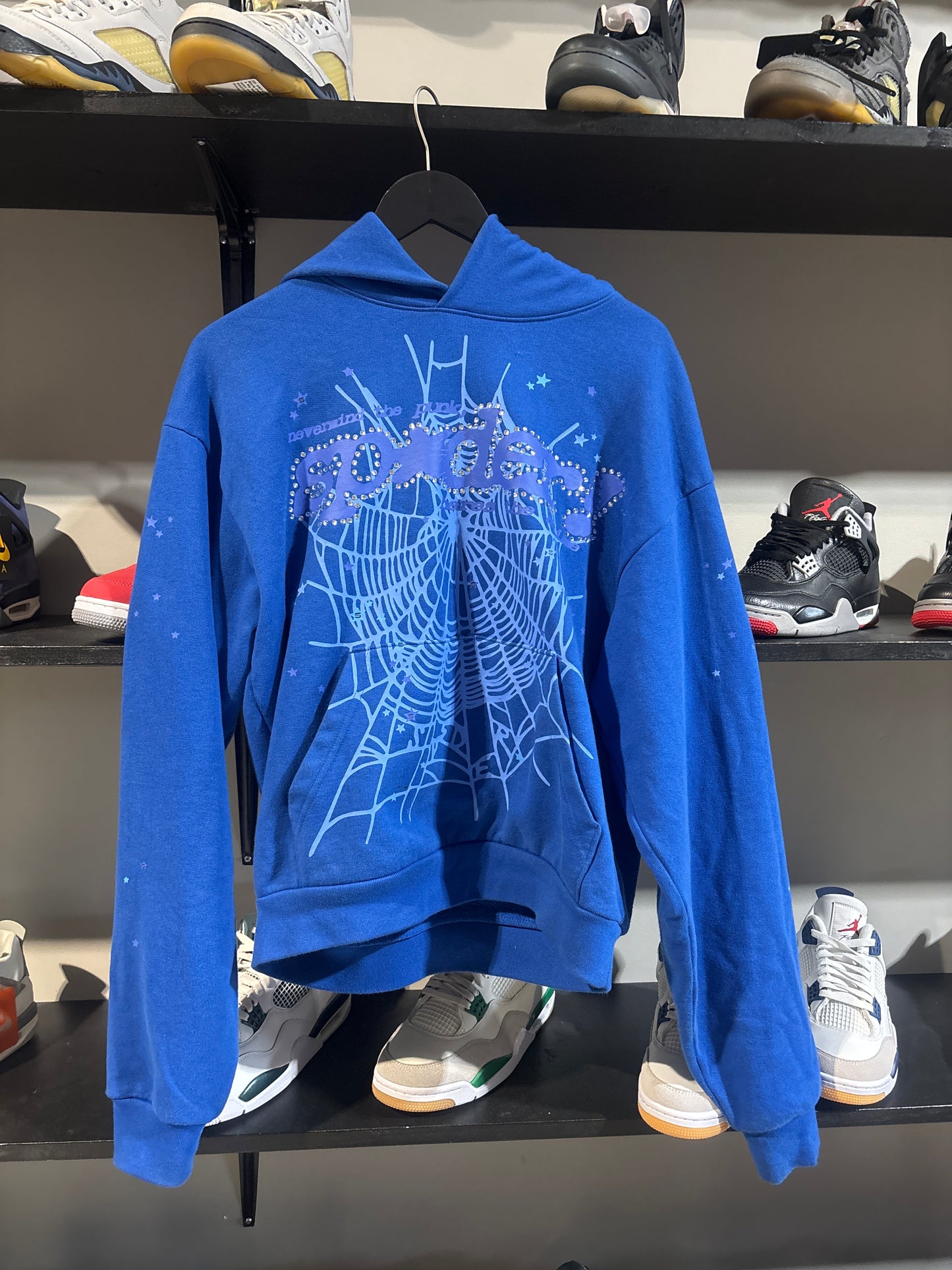 Sp5der Blue/Blue Rhinestone Hoodie Sz S