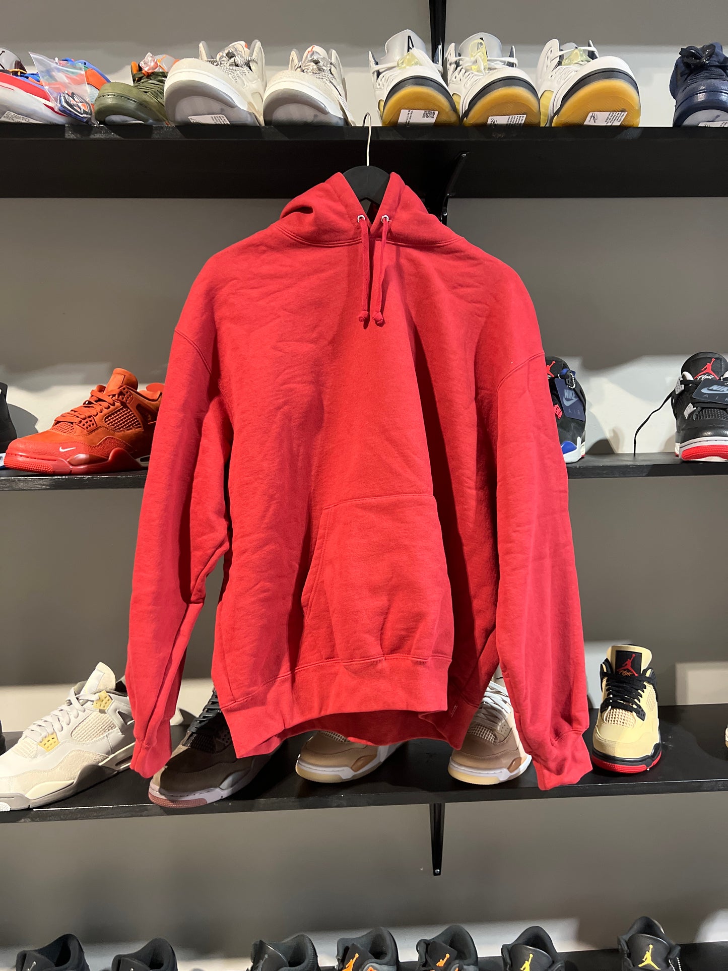 Supreme satin applique hooded sweatshirt burgundy
