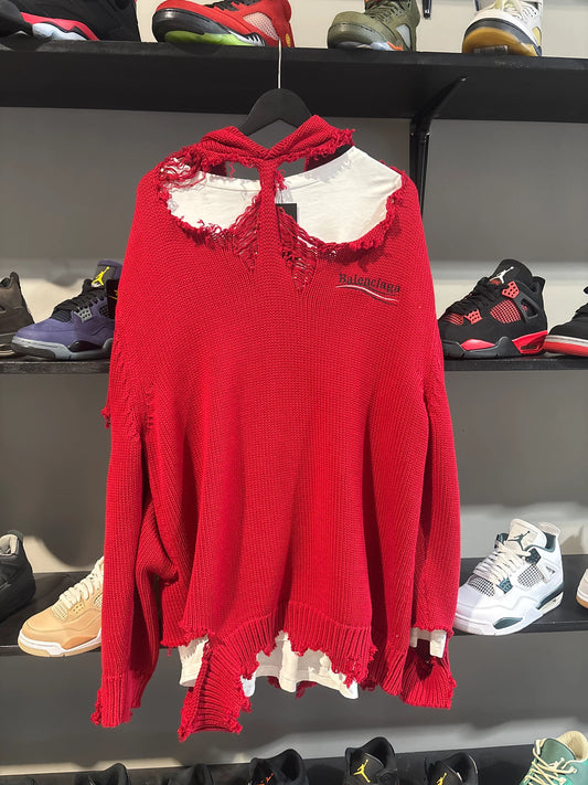 Balenciaga Red Sweater Distressed Hoodie - Pre-Owned