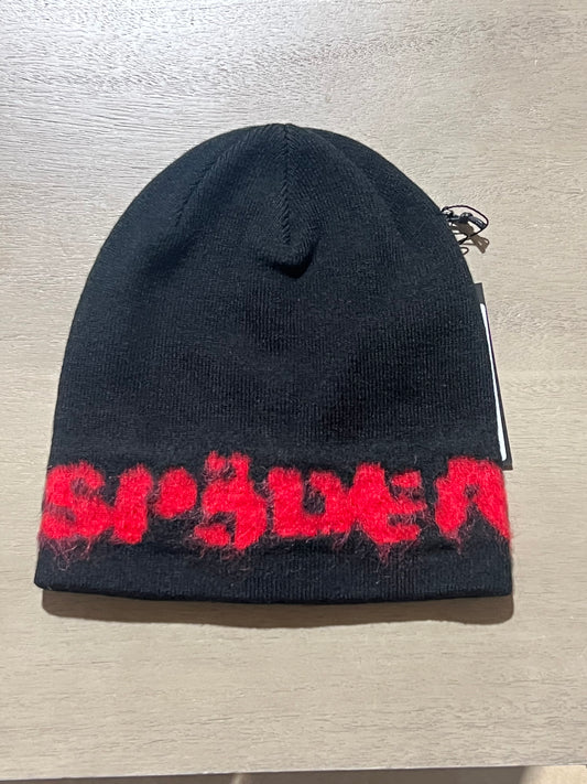 Sp5der fuzzy logo mohair beanie black red