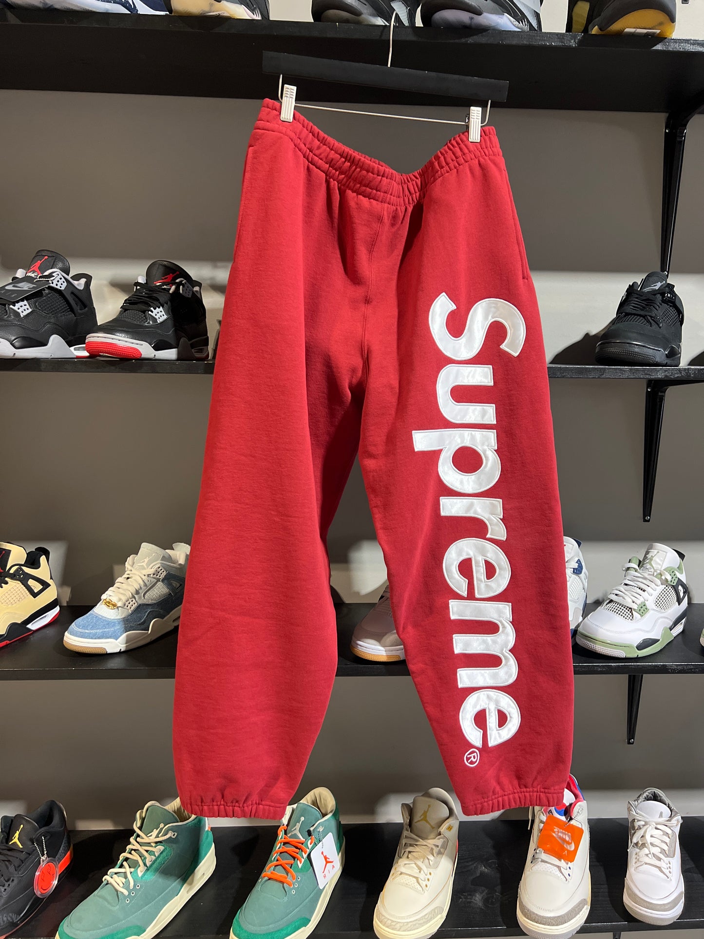 Supreme satin applique hooded sweatpants burgundy