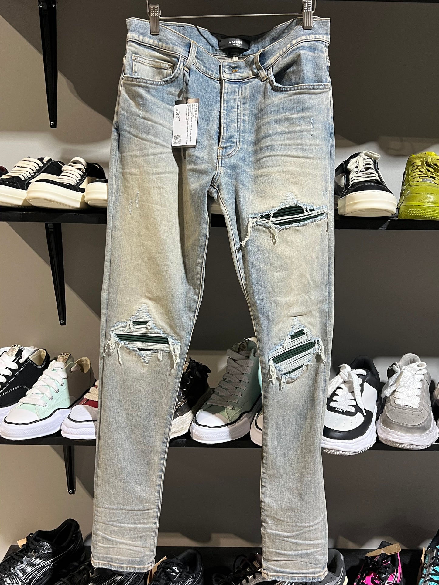 Amiri Light Wash Jeans Green Patches Skinny