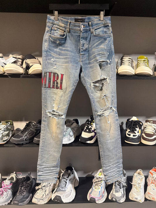 Amiri Distressed Plaid Spellout Skinny Jeans