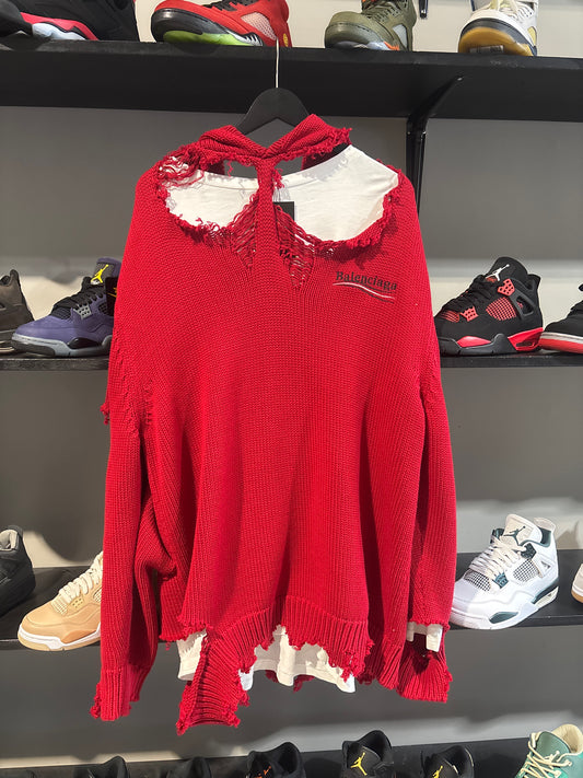 Balenciaga Red Sweater Distressed Hoodie