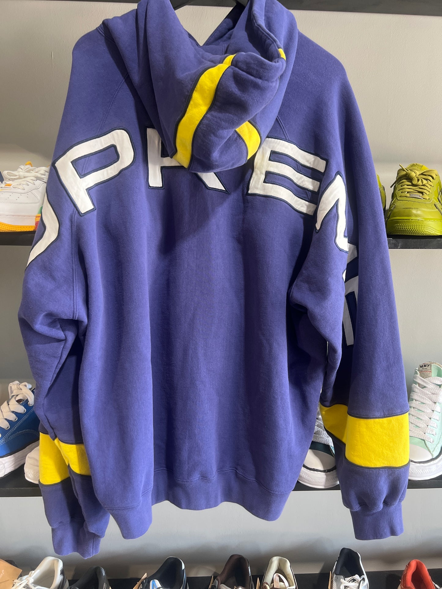 supreme paneled logo hoodie yellow purple