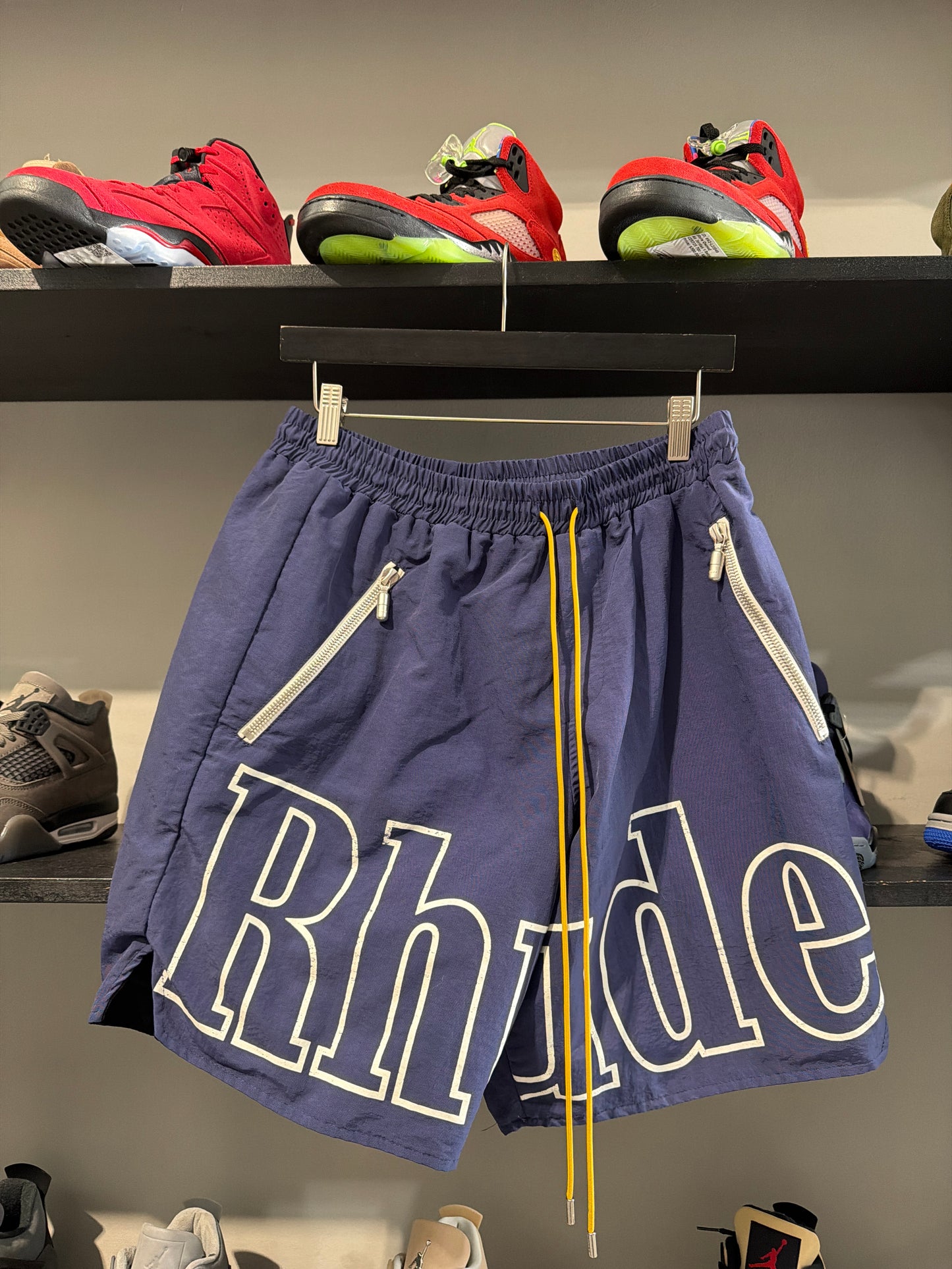 Rhude Navy Nylon Spellout Shorts