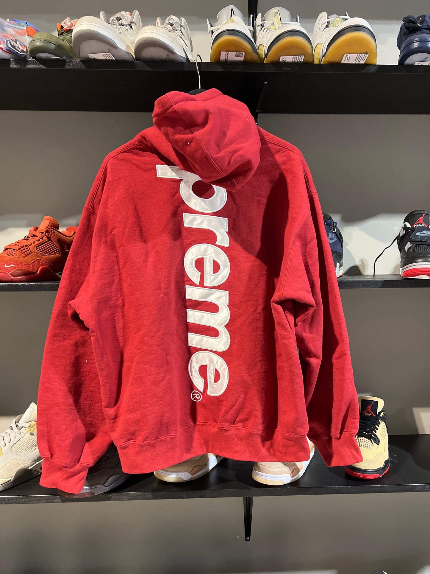 Supreme satin applique hooded sweatshirt burgundy