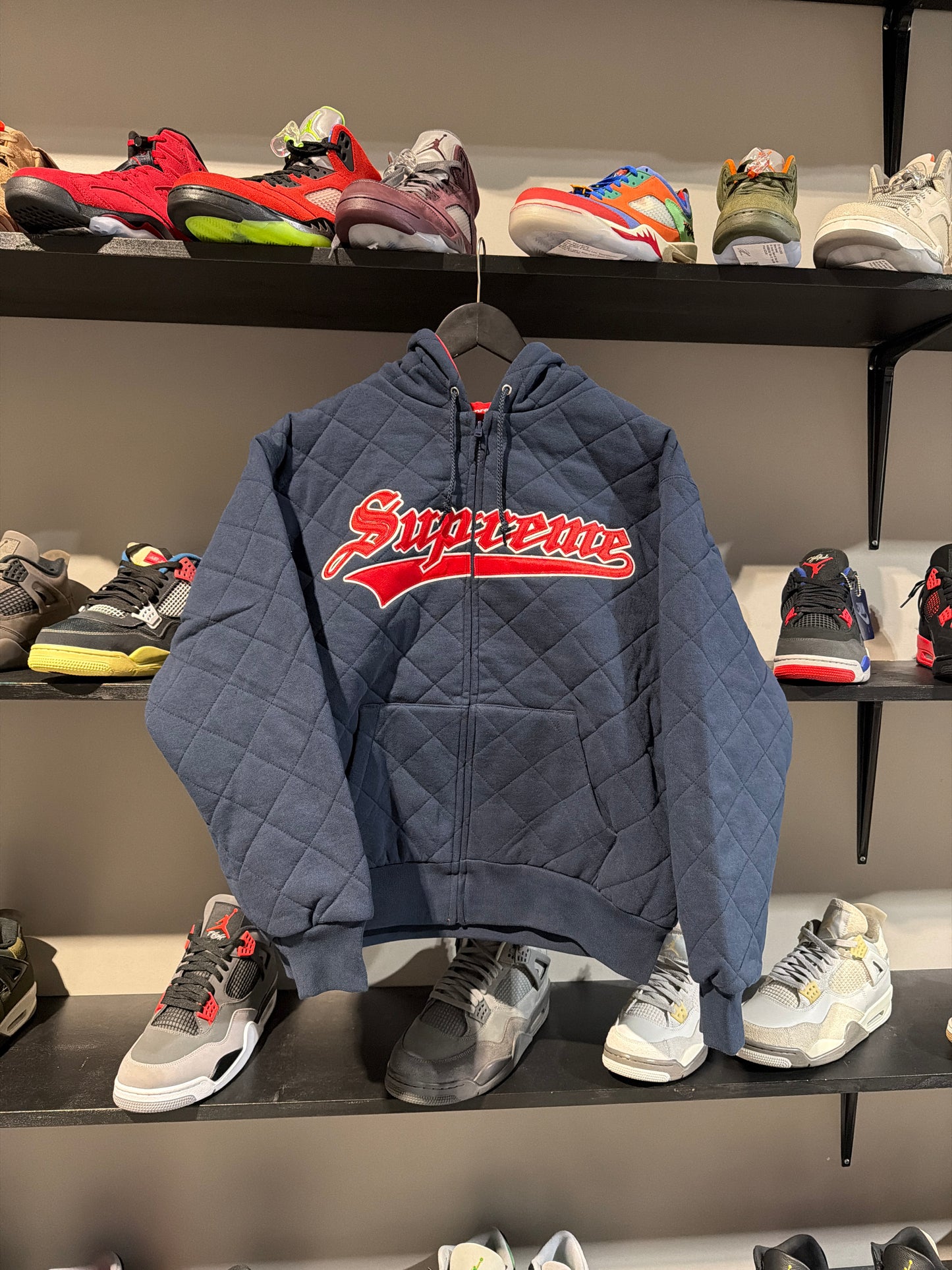 supreme quilted zipup hoodie navy/red