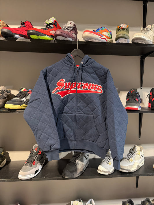 supreme quilted zipup hoodie navy/red