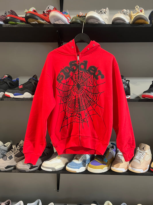Sp5der og web studded zip hoodie red