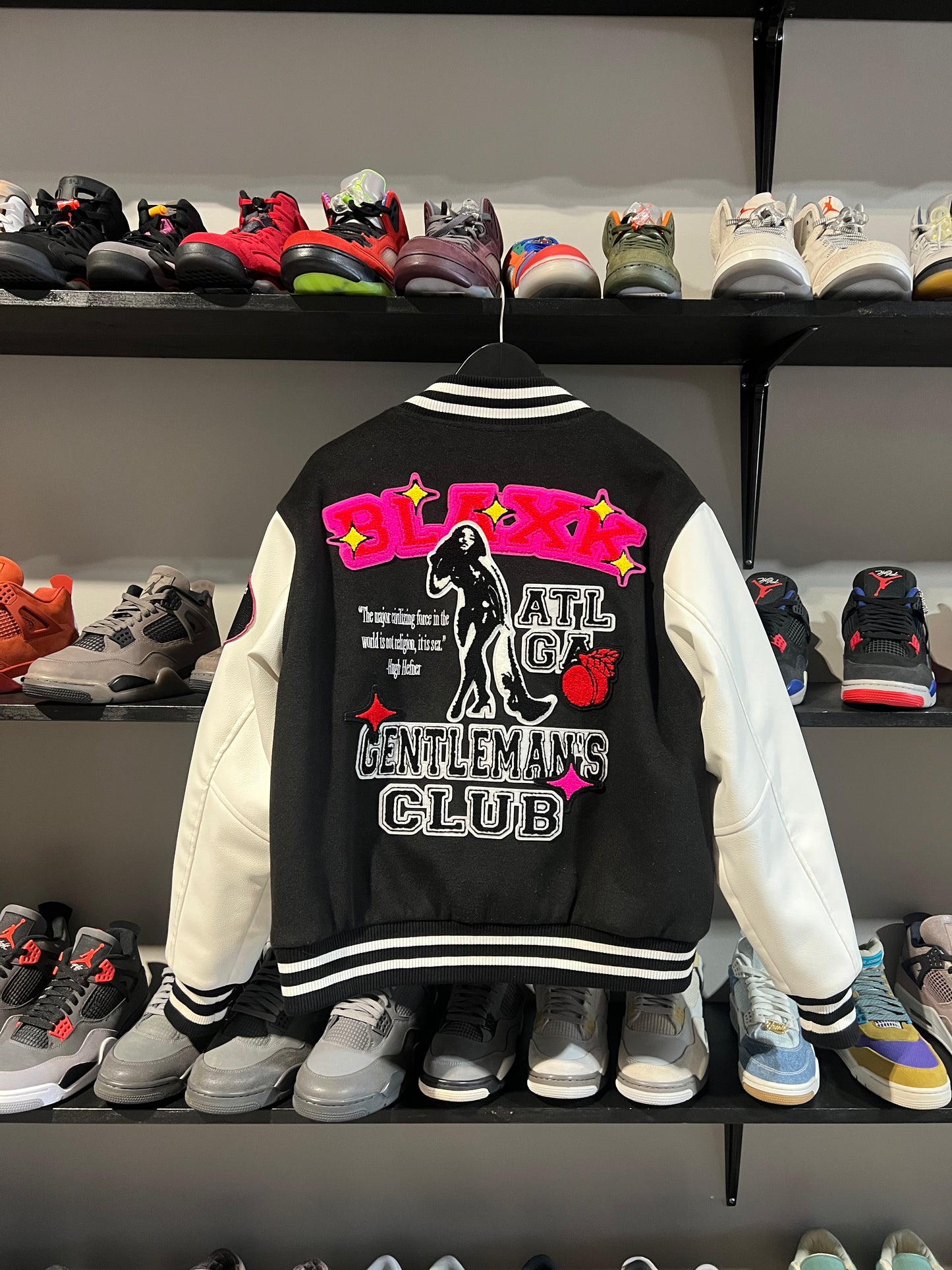 Blaxk brand black/white/pink gentlemens club varsity