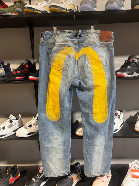 Evisu Jeans yellow paint